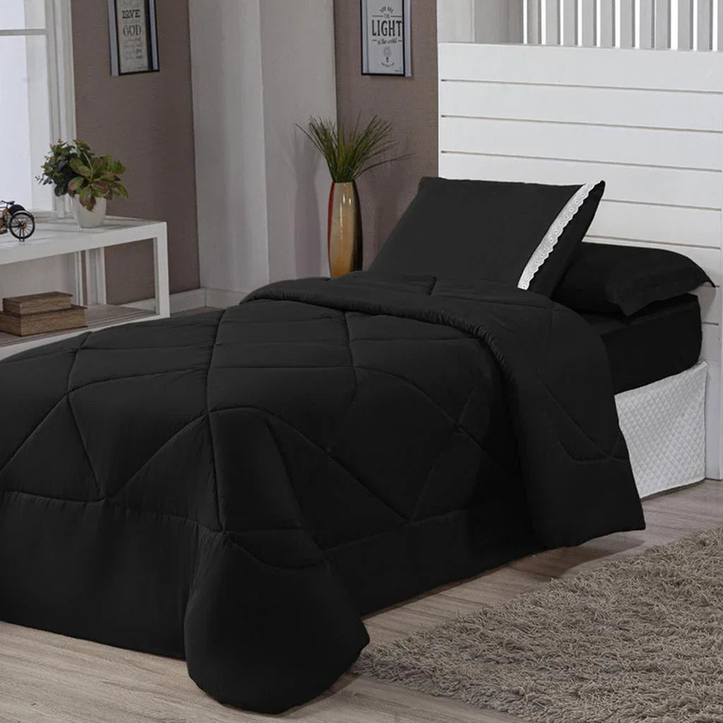 Kit Edredom Solteiro Dupla Face + Lençol 4 Pçs Preto Cinza