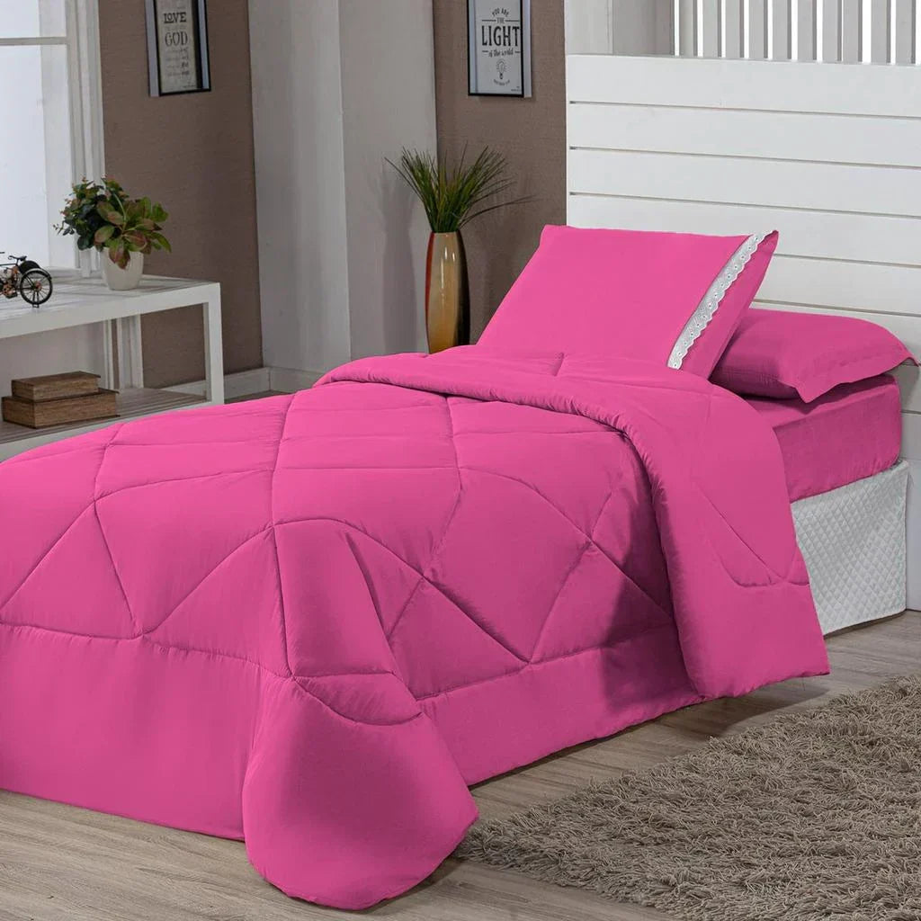 Kit Edredom Solteiro Dupla Face + Lençol 4 Pçs Preto Cinza