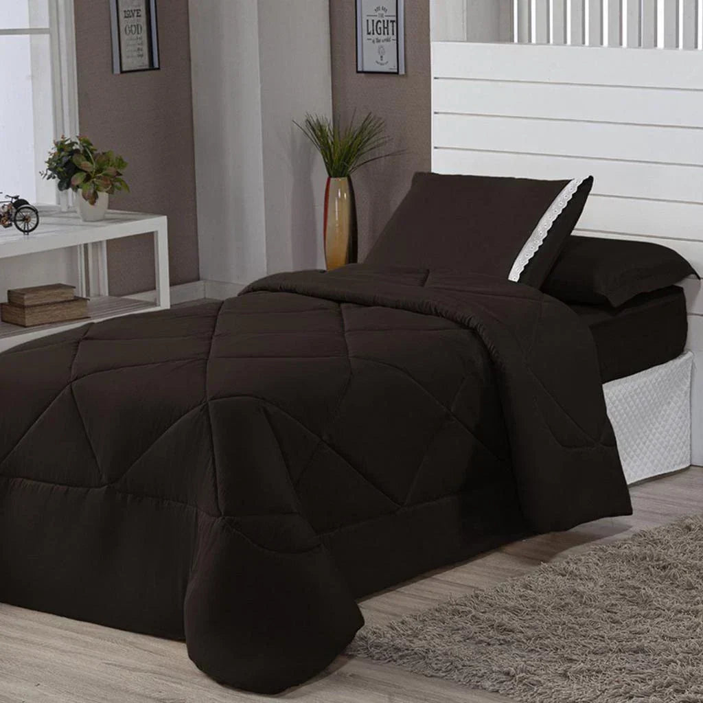 Kit Edredom Solteiro Dupla Face + Lençol 4 Pçs Preto Cinza