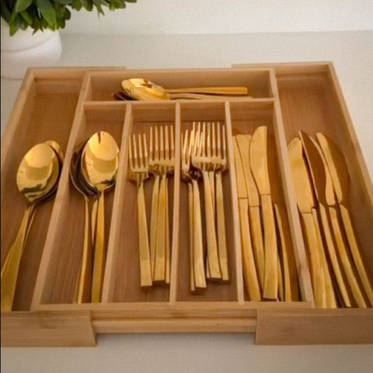 Porta Talheres de Bambu Extensível – Organizador Ajustável para Gavetas