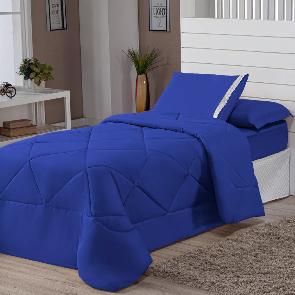 Kit Edredom Solteiro Dupla Face + Lençol 4 Pçs Preto Cinza