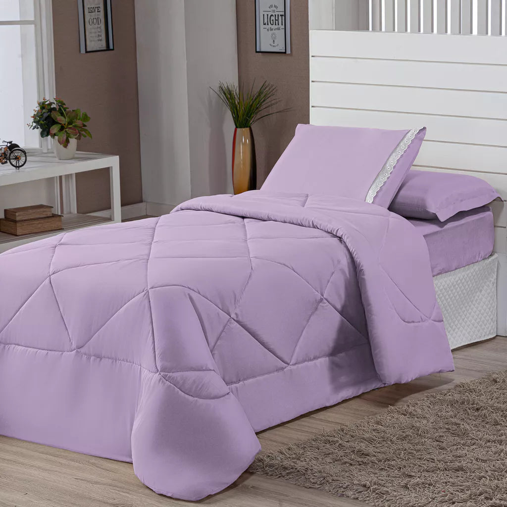 Kit Edredom Solteiro Dupla Face + Lençol 4 Pçs Preto Cinza