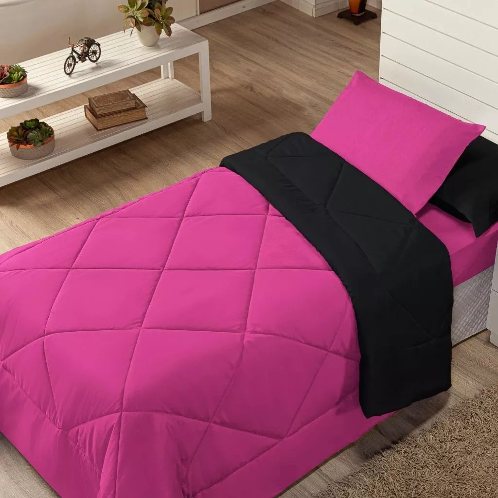 Kit Edredom Solteiro Dupla Face + Lençol 4 Pçs Preto Cinza