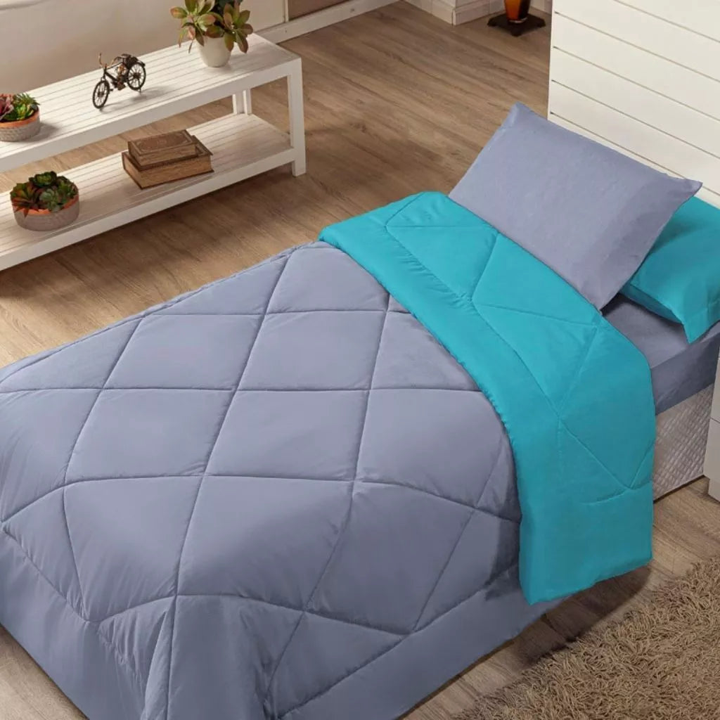 Kit Edredom Solteiro Dupla Face + Lençol 4 Pçs Preto Cinza