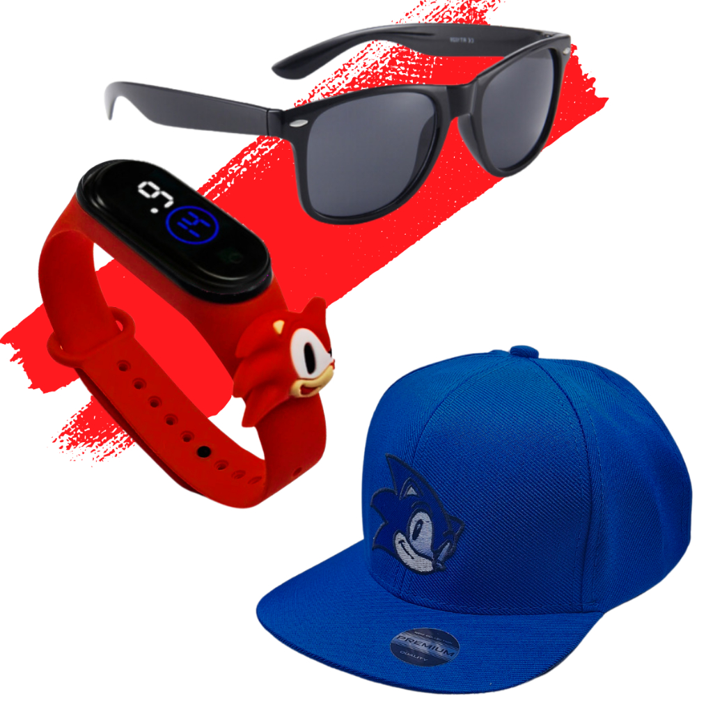 Kit Boné Infantil Óculos e Relógio de Led Digital Personagem Sonic Criança 04 a 12 Anos Barato