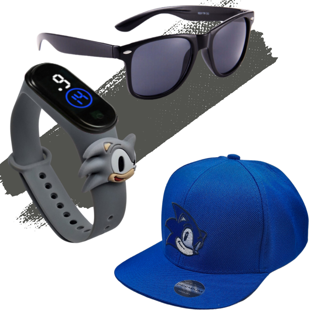 Kit Boné Infantil Óculos e Relógio de Led Digital Personagem Sonic Criança 04 a 12 Anos Barato