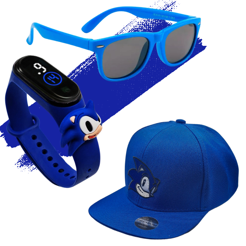 Kit Boné Infantil Óculos e Relógio de Led Digital Personagem Sonic Criança 04 a 12 Anos Barato