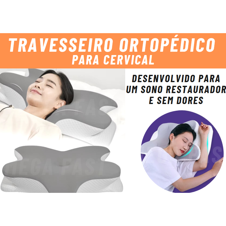 TRAVESSEIRO ORTOPÉDICO BORBOLETA CERVICAL PARA COMBATE A DORES NA COLUNA, DORES DE CABEÇA - VISCOELASTICO FRONHA LAVÁVEL