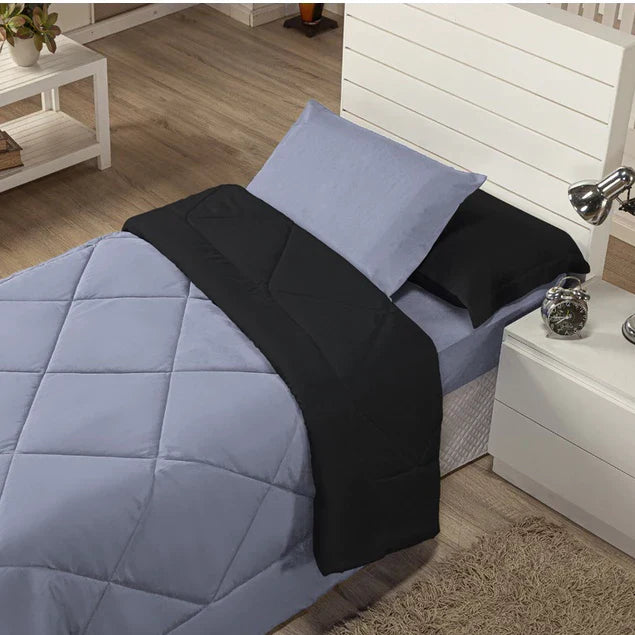 Kit Edredom Solteiro Dupla Face + Lençol 4 Pçs Preto Cinza