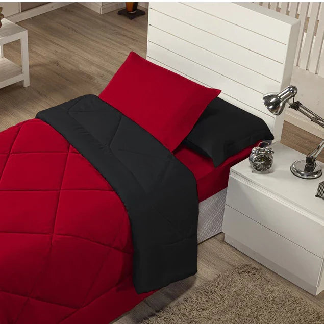 Kit Edredom Solteiro Dupla Face + Lençol 4 Pçs Preto Cinza