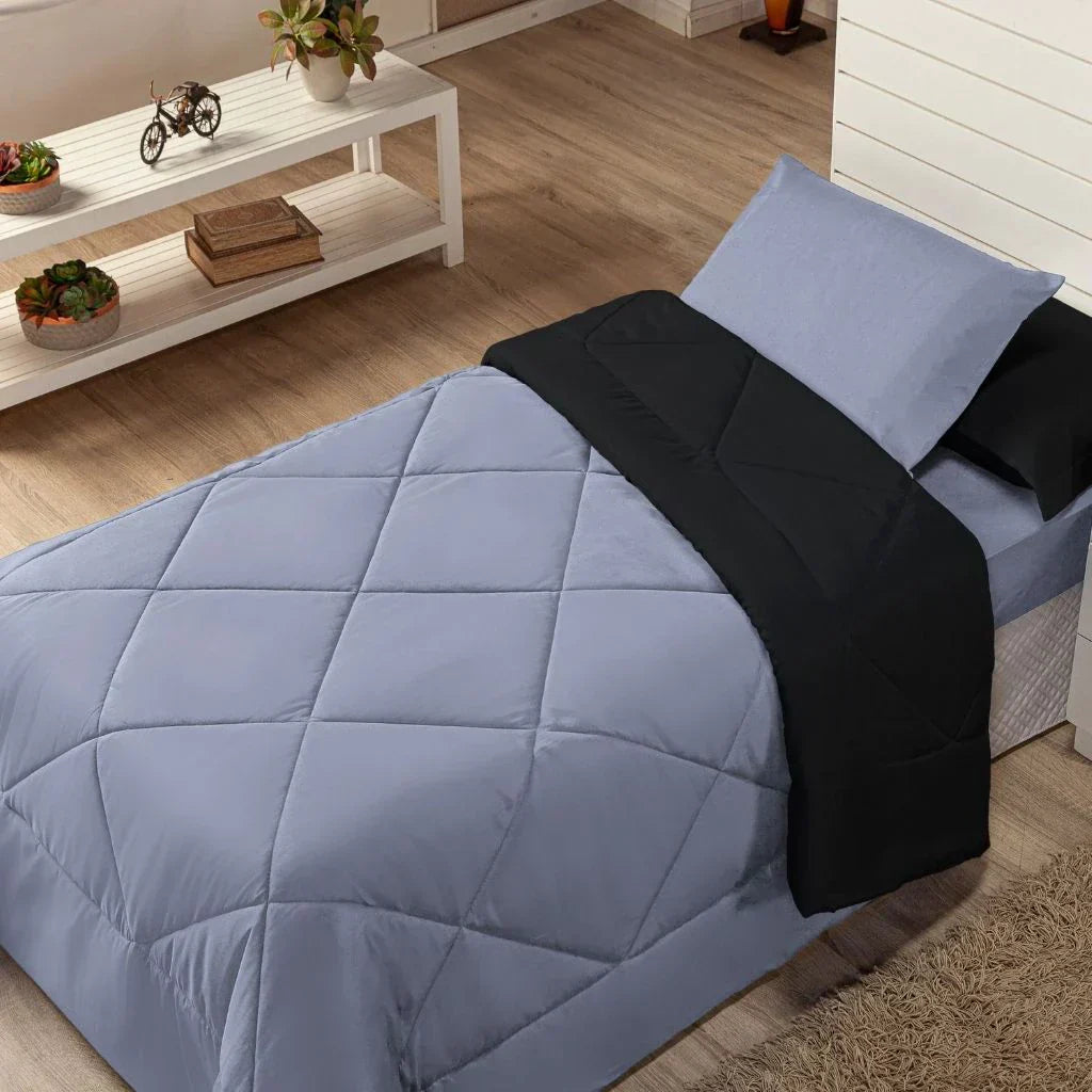 Kit Edredom Solteiro Dupla Face + Lençol 4 Pçs Preto Cinza