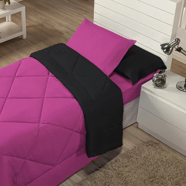 Kit Edredom Solteiro Dupla Face + Lençol 4 Pçs Preto Cinza